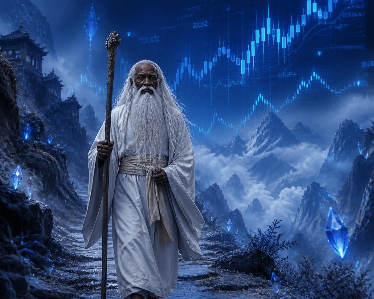 LAPIS walking a misty mountain path beneath glowing crypto charts