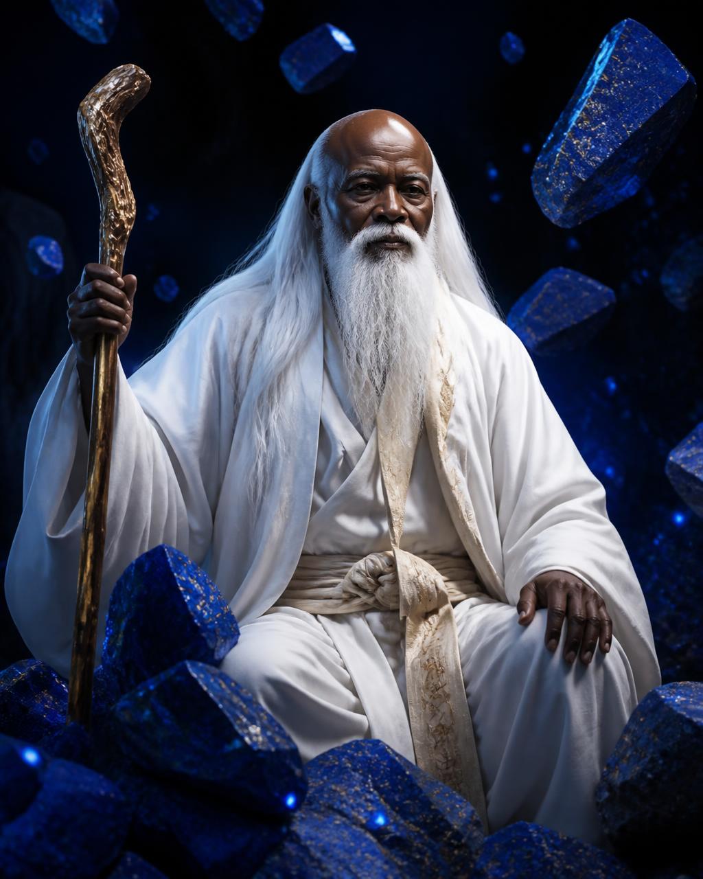 LAPIS the monk seated calmly among glowing lapis crystals